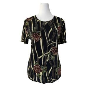 Vintage ‘90s Western Connection Black & Gold Floral Print Short Sleeve Blouse
